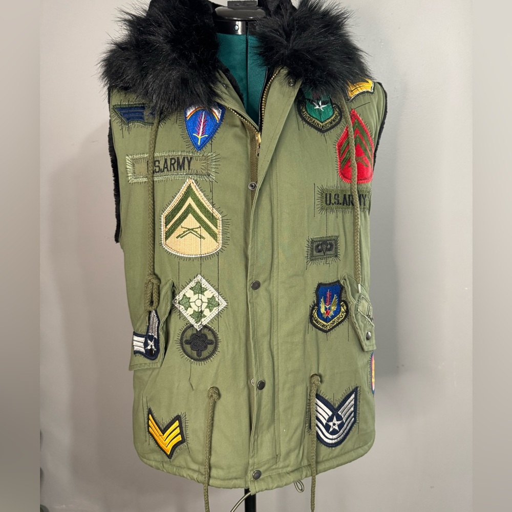 Green Military Patch Vest with Faux Fur lining